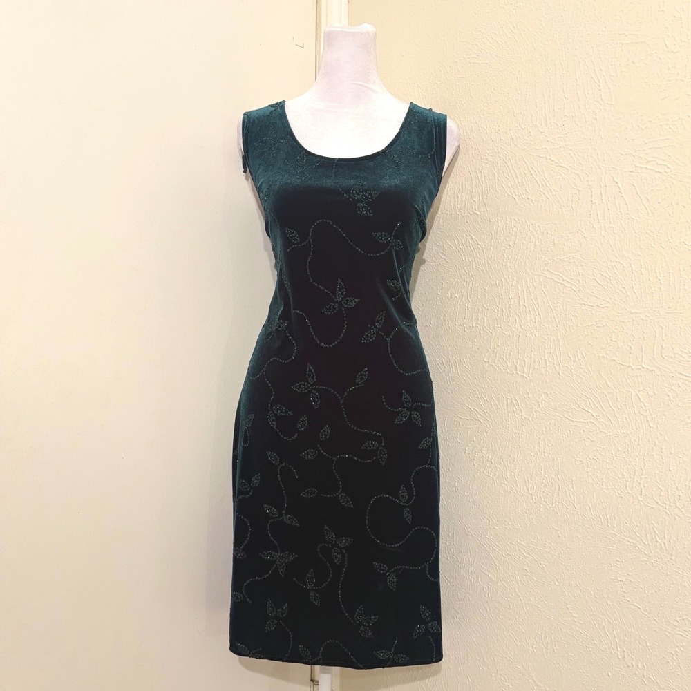 Vintage 90s Dark Green Velvet Glitter Floral Vine Botanical Fairycore Dress 8